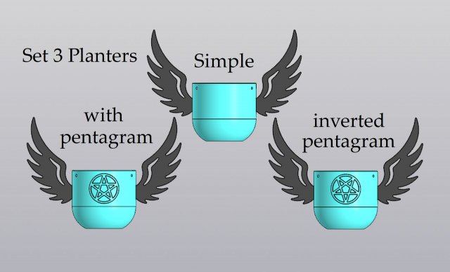 Set 3 Hanging Planters Angel wings with or without pentagram 3D Print Model .c4d .max .obj .3ds .fbx .stl .blend 