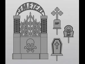 Gothic Set Cemetery Planter and 3 planter decorations Tombstones 3D Print Model