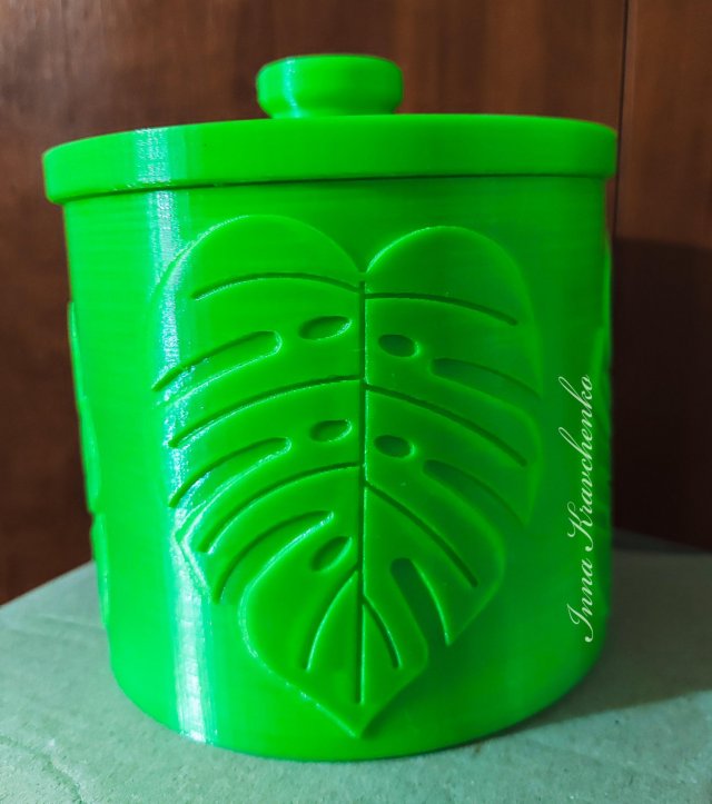 Jar with lid Organizer Monstera leaves 3D 프린트 모델 .c4d .max .obj .3ds .fbx .stl .blend 