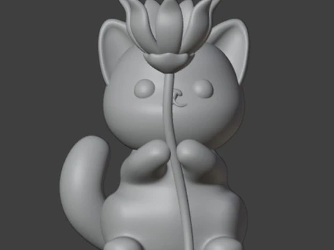 Cat and flower Figurine 3D Print Model