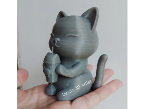 Set 2 models Happy morning cat Figurine v2 Boba cup 3D Print Model