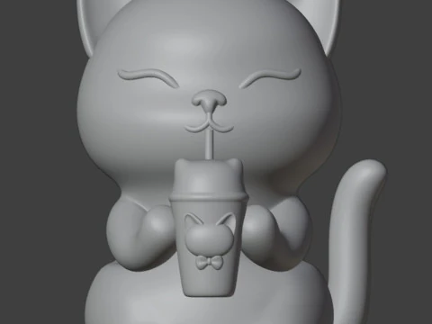 Set 2 models Happy morning cat Figurine v2 Boba cup 3D Print Model