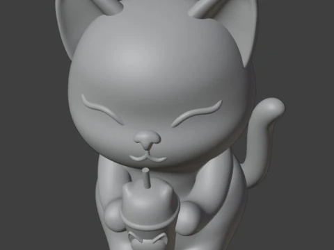 Set 2 models Happy morning cat Figurine v2 Boba cup 3D Print Model