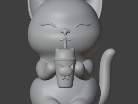 Set 2 models Happy morning cat Figurine v2 Boba cup 3D 프린트 모델