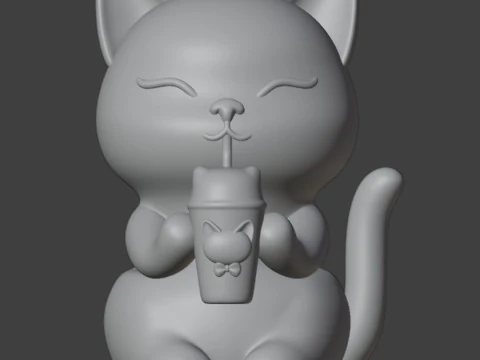 Set 2 models Happy morning cat Figurine v2 Boba cup 3D Print Model