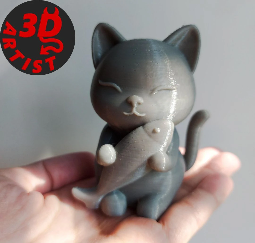 Cat with fish Figurine 3D Print Model .c4d .max .obj .3ds .fbx .stl .blend 