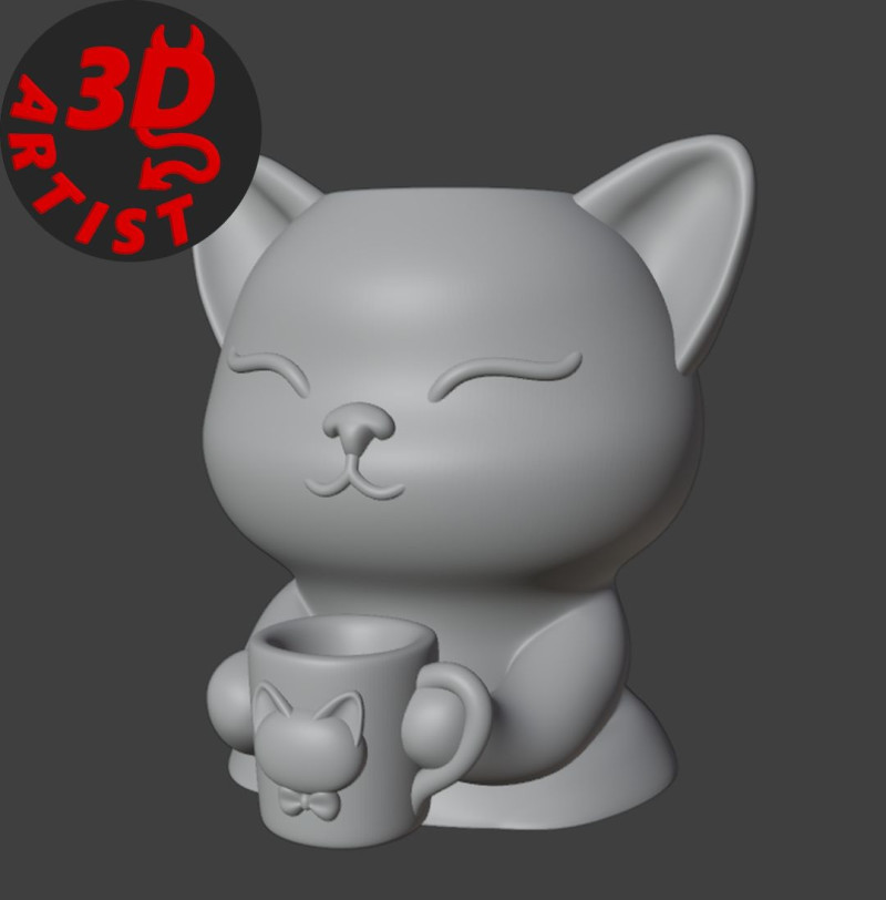 Happy morning cat Vase 3Dプリントモデル .c4d .max .obj .3ds .fbx .stl .blend 