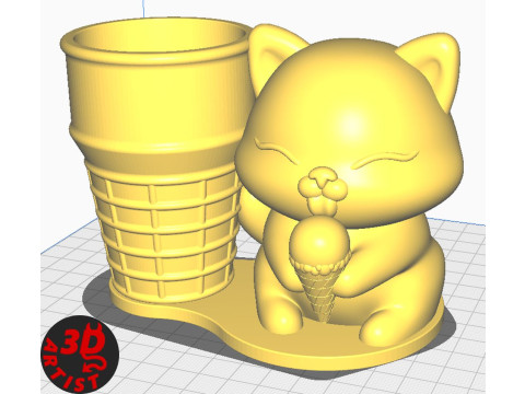 Cat with ice cream Pen holder 3D 프린트 모델