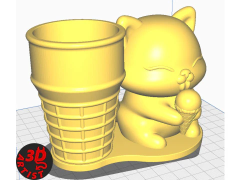 Cat with ice cream Pen holder 3D Print Model