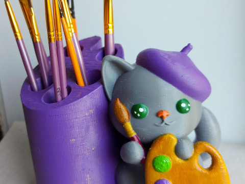 Cat Artist Brush Holder Modelo de impresión 3D