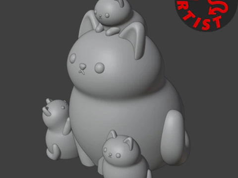 Mother Cat with Kittens Figurine Version 2 3D Print Model