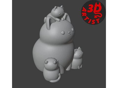 Mother Cat with Kittens Figurine Version 2 3D Print Model