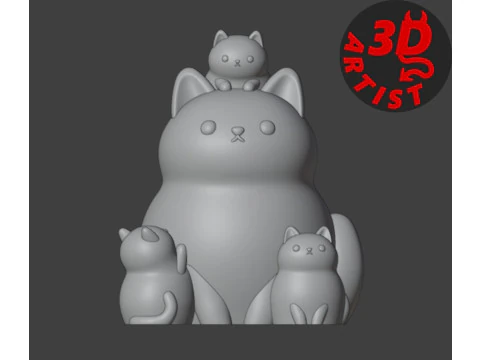 Mother Cat with Kittens Figurine Version 2 3D Print Model