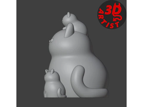 Mother Cat with Kittens Figurine Version 2 3D Print Model