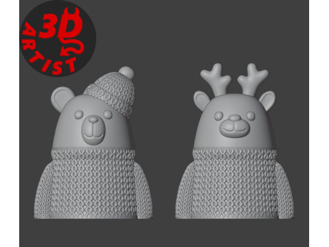 Deer and Bear in Sweater Christmas Gift Box Set 2 Boxes 3D 打印模型
