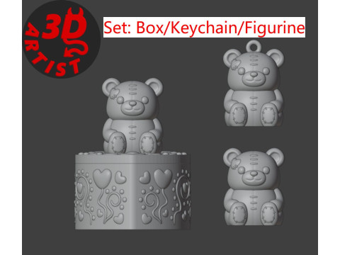 Ensemble ours de la Saint-Valentin, bo&icirc;te &agrave; bijoux, porte-cl&eacute;s et figurine Modèles 3D en vedette