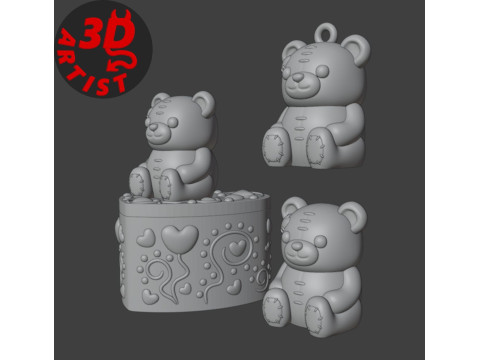 Ensemble ours de la Saint-Valentin, bo&icirc;te &agrave; bijoux, porte-cl&eacute;s et figurine Modèles 3D en vedette