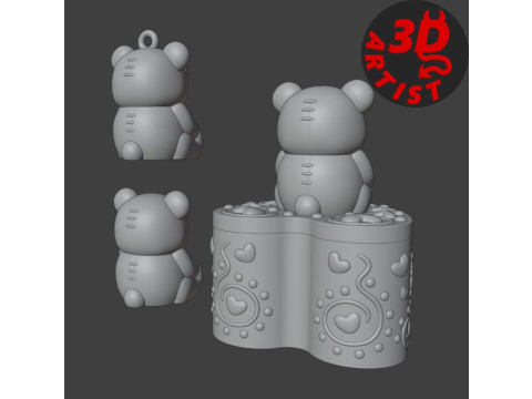 Ensemble ours de la Saint-Valentin, bo&icirc;te &agrave; bijoux, porte-cl&eacute;s et figurine Modèles 3D en vedette