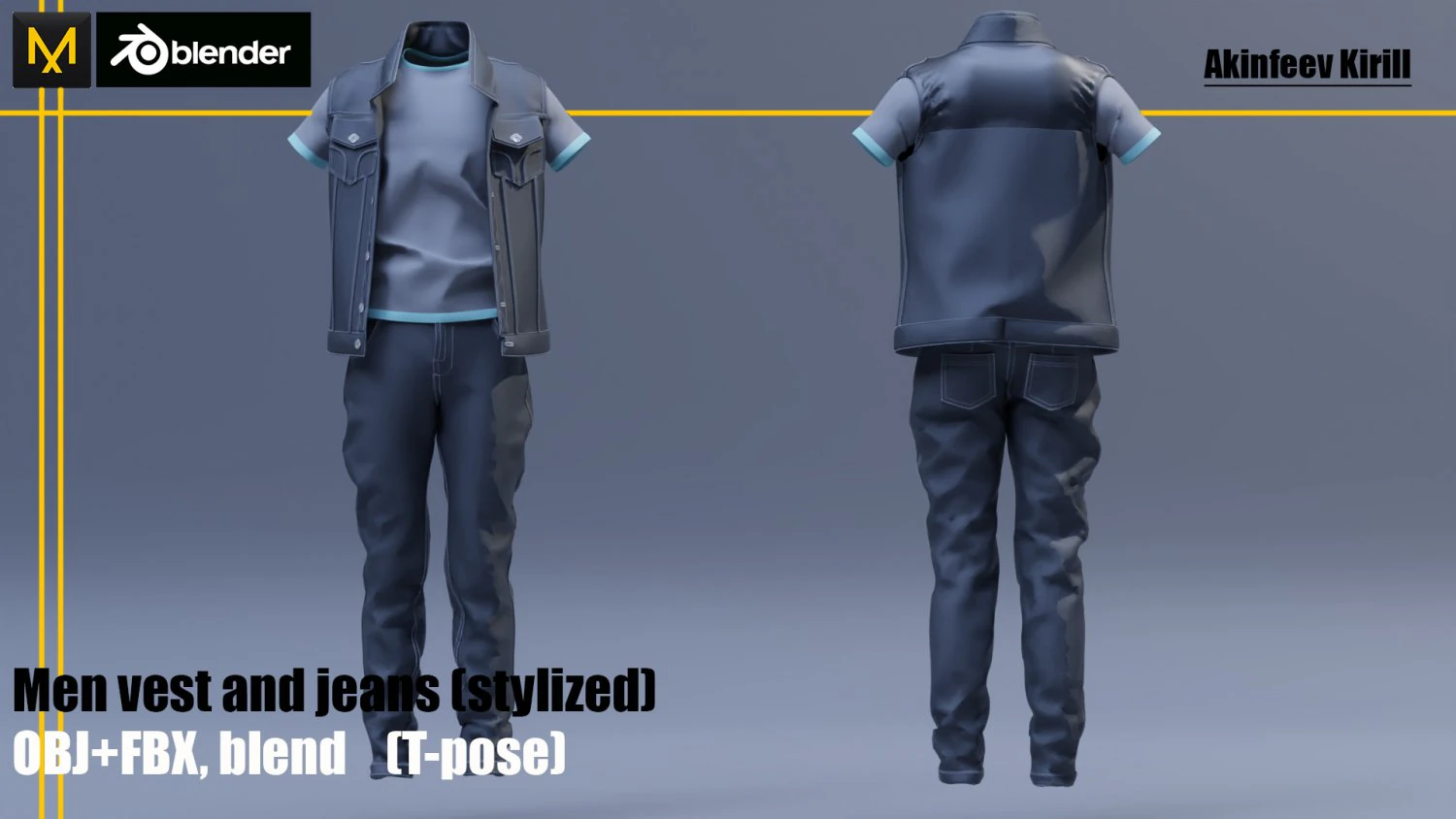 men vest and jeans 3D Model .c4d .max .obj .3ds .fbx .stl .blend 