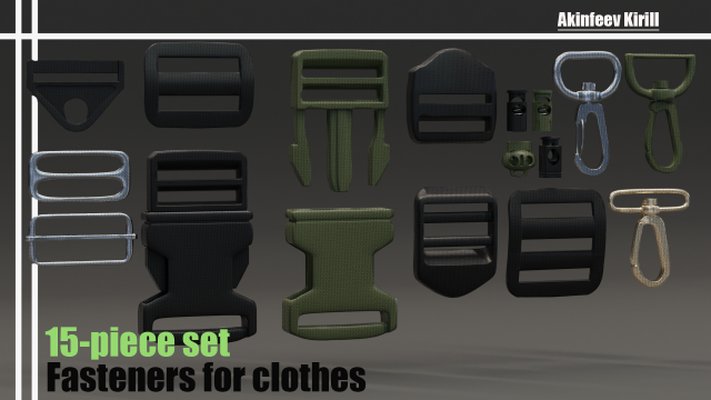 15-piece set fasteners for clothes 3Dモデル .c4d .max .obj .3ds .fbx .stl .blend 
