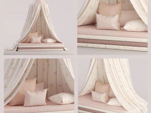 캐노피 매트리스와 베개의 수면 컬렉션 3D 모델