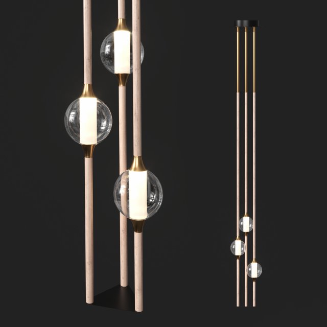 led lampatron tabeo with three shades on three wooden posts 3D Model .c4d .max .obj .3ds .fbx .stl .blend 
