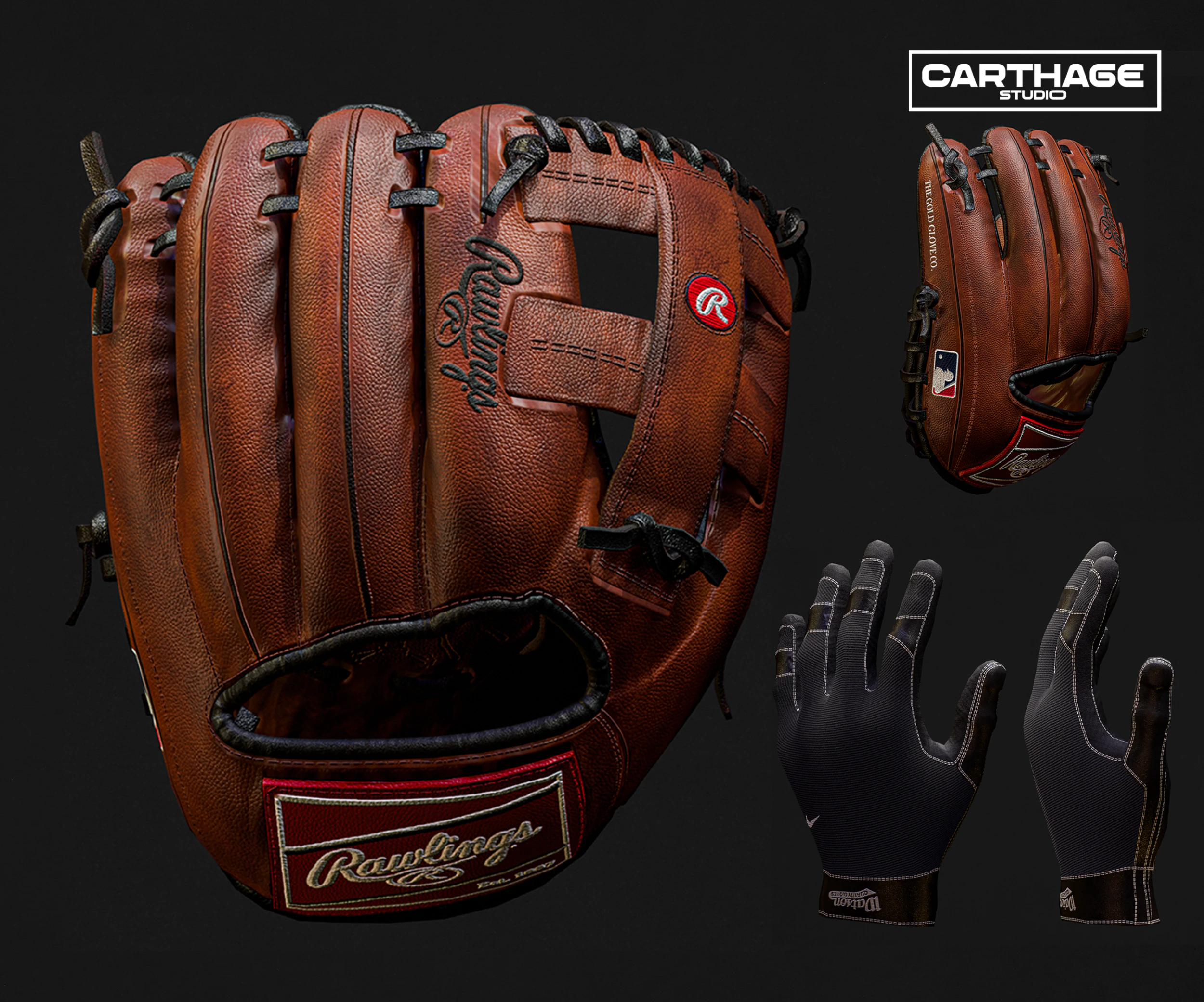 Baseball Glove Pack - Realistic Fielding and Batting Gloves 3D Model .c4d .max .obj .3ds .fbx .stl .blend