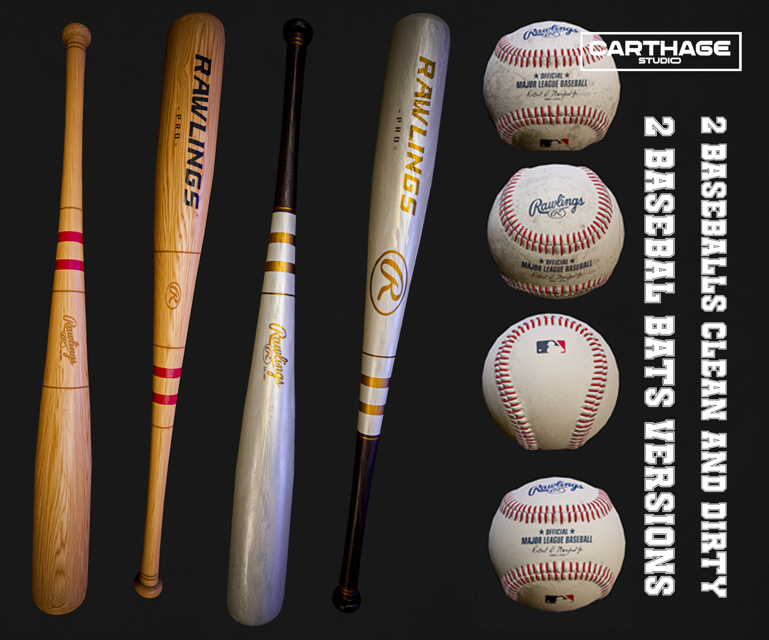 Baseball Bats and Balls Asset Pack 3D Model .c4d .max .obj .3ds .fbx .stl .blend 