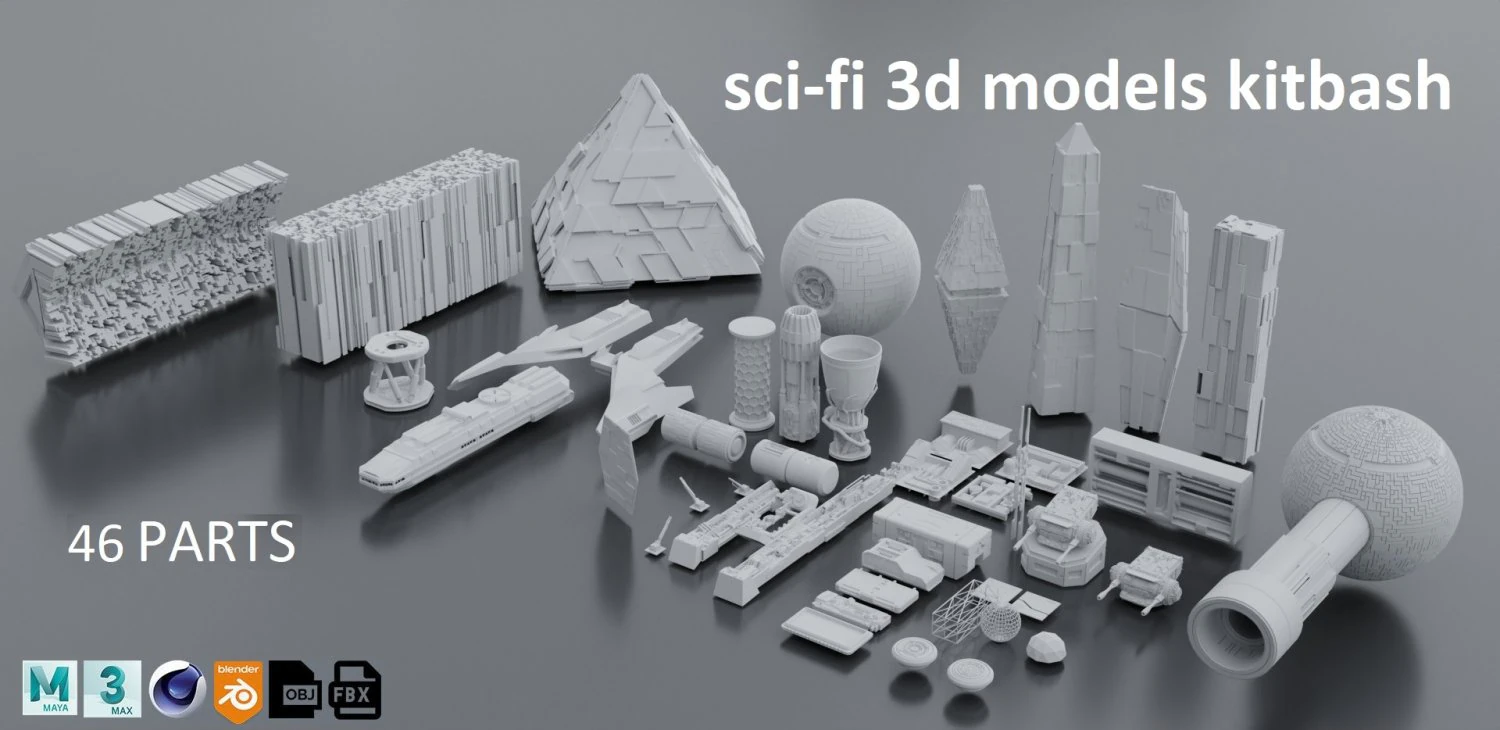 Pacchetto kitbash di fantascienza low poly Modello 3D .c4d .max .obj .3ds .fbx .stl .blend 