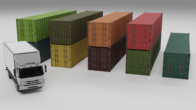 Truck and containers 3D Model .c4d .max .obj .3ds .fbx .stl .blend 