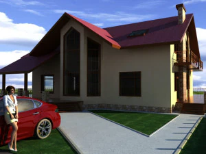 casa de lujo con un auto rojo Modelo 3D