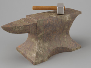rusty old anvil with hammer low-poly Modello 3D