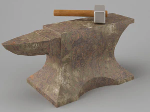 लो-पॉली हथौड़े के साथ जंग लगी पुरानी निहाई 3D मॉडल