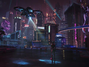 c4d辛烷渲染赛博朋克城市摩天大楼HUD机器人飞机日本香港CBD建筑未来 3D 模型