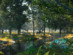 c4d octane render forest early morning tropical rainforest river elk scene 3Dモデル