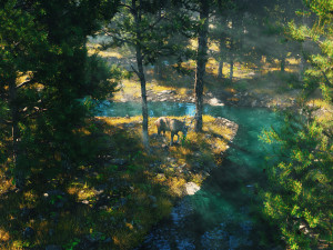 c4d octane render forest early morning tropical rainforest river elk scene Modelo 3D