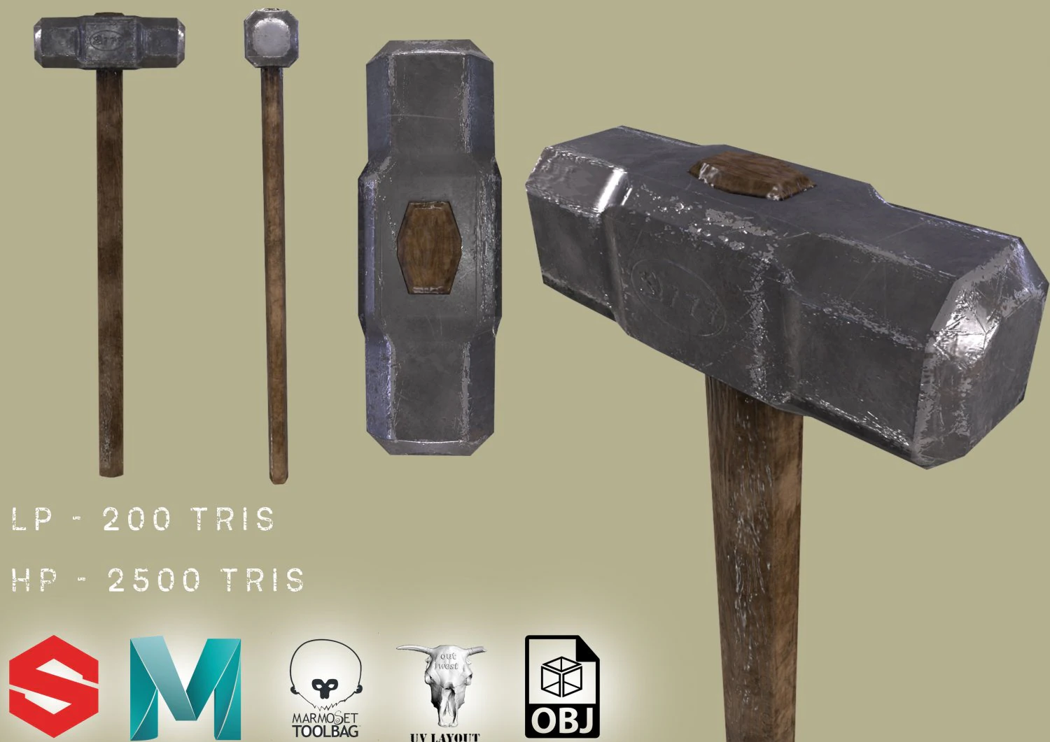 wood and steel construction hammer game ready low-poly 3D Model .c4d .max .obj .3ds .fbx .stl .blend 