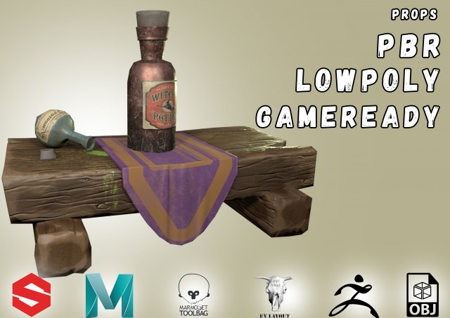 medieval witch shelf with poison gameready low-poly 3D Model .c4d .max .obj .3ds .fbx .stl .blend 
