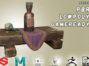 medieval witch shelf with poison gameready low-poly 3D Model