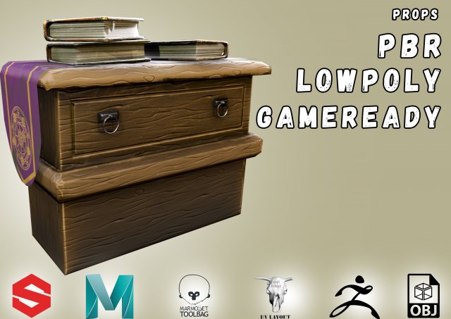 stylized medieval commode with three magic books gameready low-poly 3D मॉडल .c4d .max .obj .3ds .fbx .stl .blend 