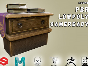 stylized medieval commode with three magic books gameready low-poly 3D Model