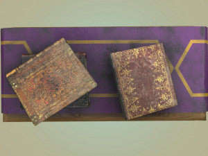 stylized medieval commode with three magic books gameready low-poly 3D मॉडल