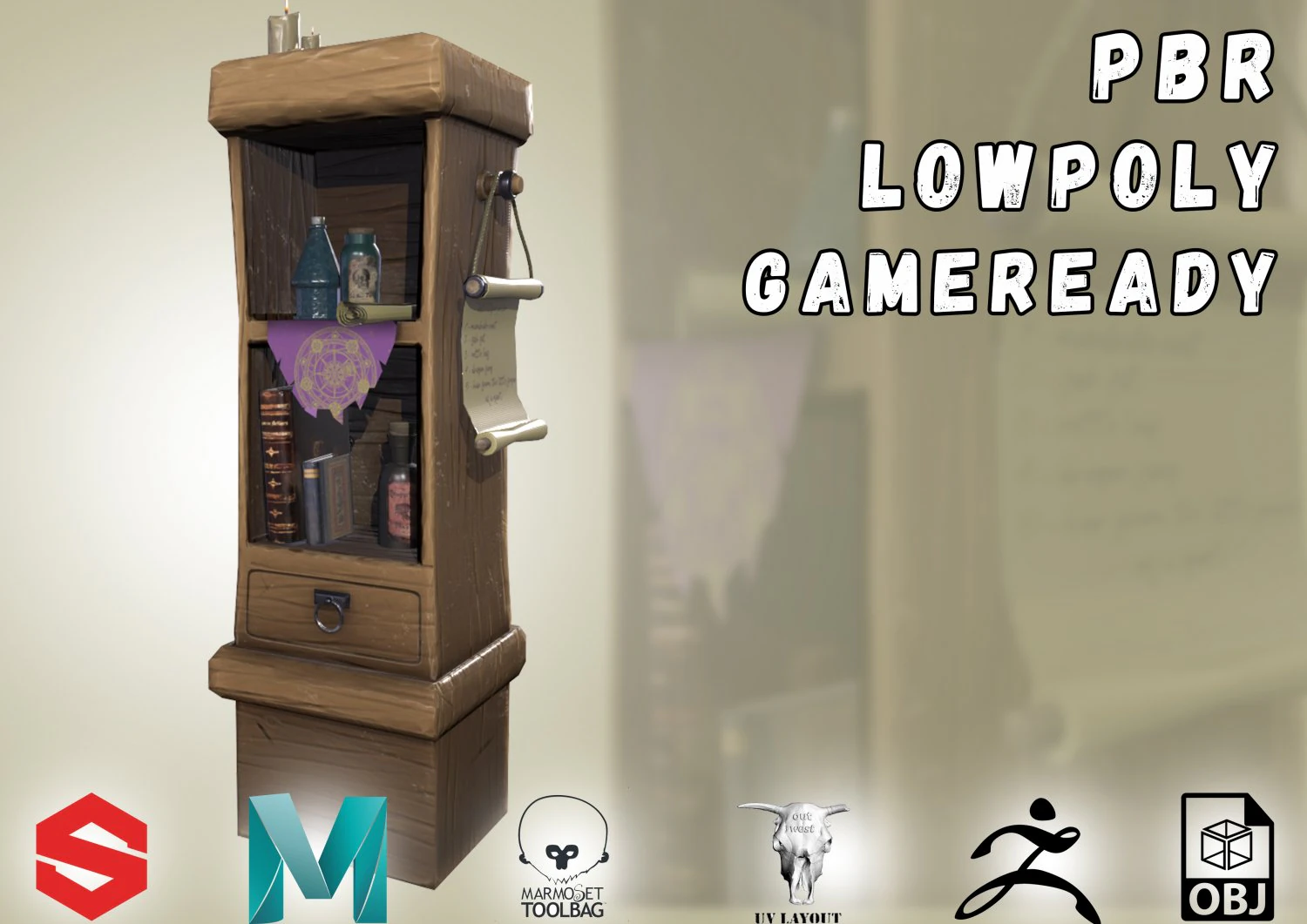 stylized medieval cupboard with items gameready 3D Model .c4d .max .obj .3ds .fbx .stl .blend 