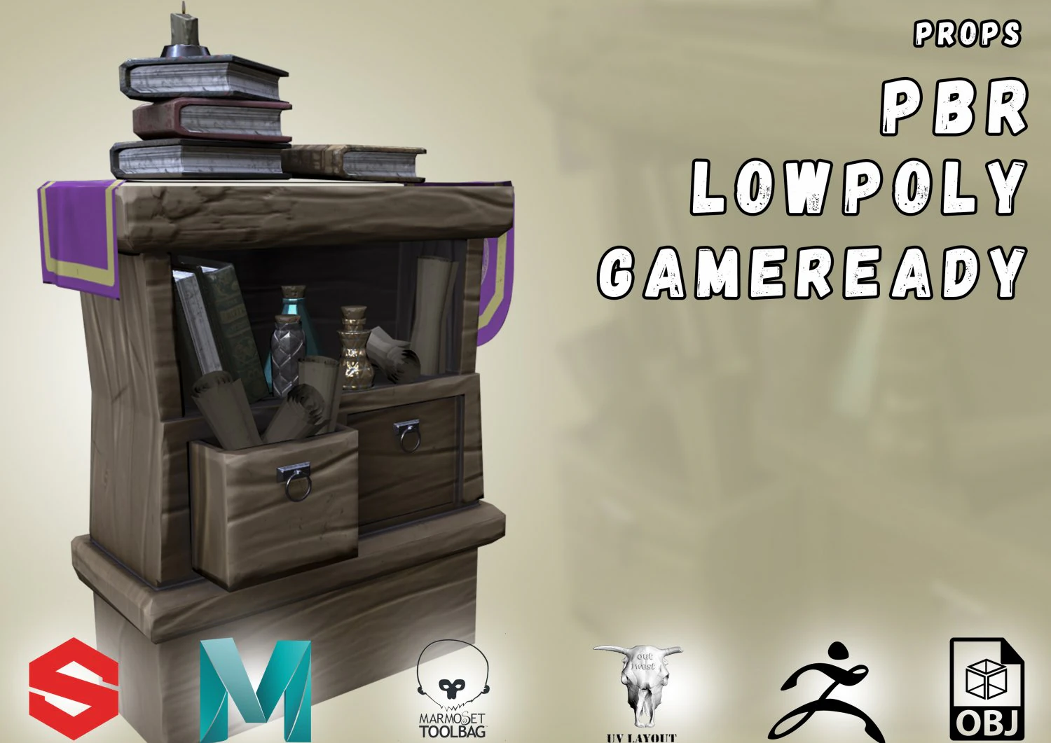 stylized medieval wide cupboard with items gameready 3D Model .c4d .max .obj .3ds .fbx .stl .blend