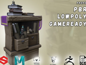 stylized medieval wide cupboard with items gameready 3D Model
