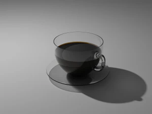 caneca de vidro em um prato com caf&eacute; Modelo 3D