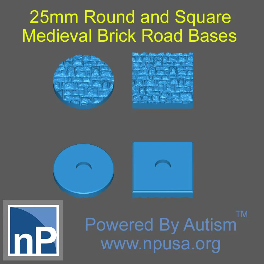 25mm Round and Square Medieval Brick Base 3D Print Model .c4d .max .obj .3ds .fbx .stl .blend 