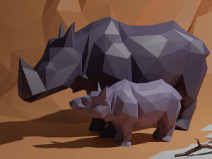 rhinoc&eacute;ros low poly avec b&eacute;b&eacute; Modèle 3D
