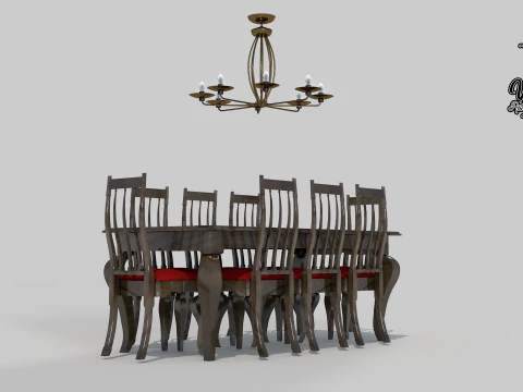 Tavolo da pranzo anni '50 con 8 sedie Modello 3D