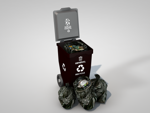 General Waste Bin and Bags 3D Model